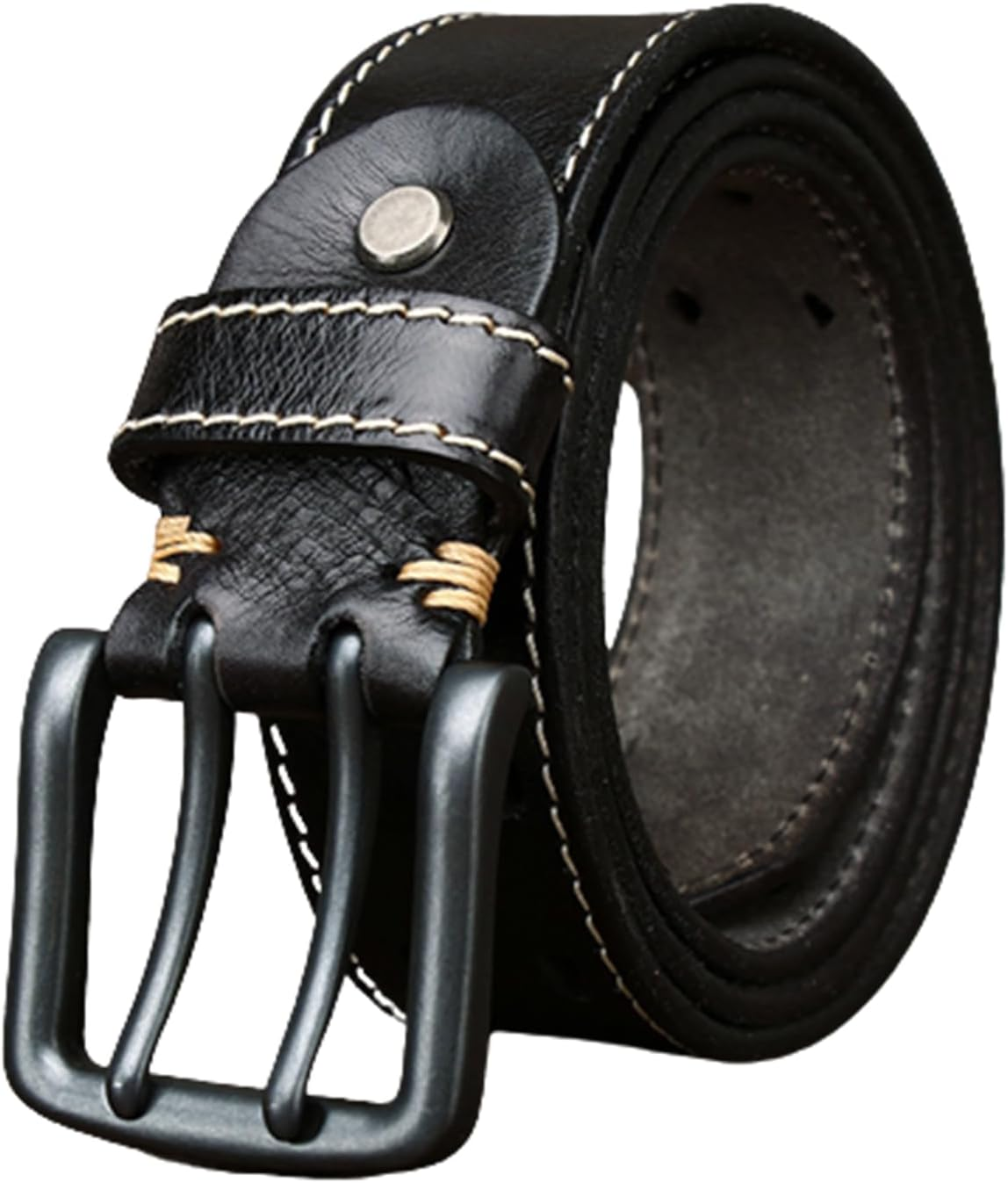 Double Prong Buckle Full Grain Real Cow Leather Belt - Stitched, Work/Casual Grommet Holes, 38Mm for Men Women