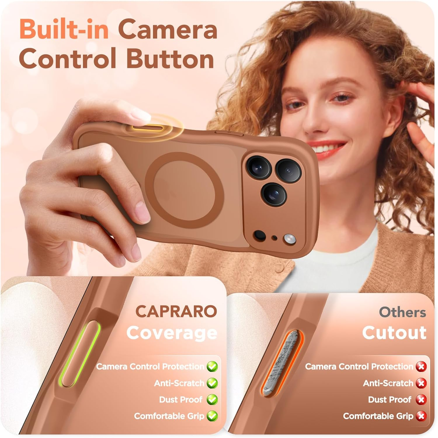 CAPRARO Magnetic for Iphone 17 Pro Max Case for Women Girls, Upgraded [Full Camera Protection] [Compatible with Magsafe] Cute Wave Translucent Matte Phone Case for Iphone 17 Pro Max, Dark Orange image number 6