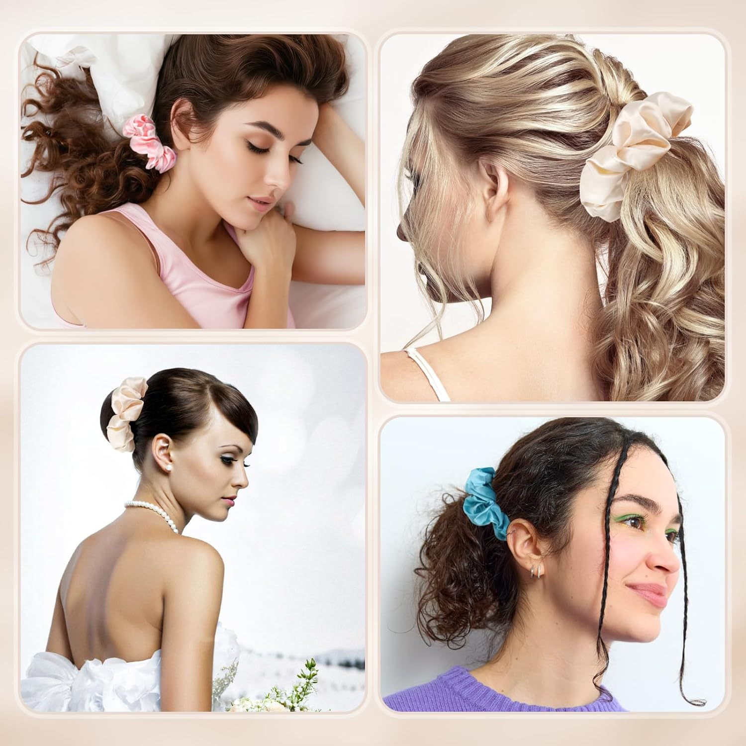 Glasflength Hair Bobbles Silk Scrunchies, Pack of 3 Silk Hair Rings Soft Elastic Silk Hair Bobbles Hair Gentle Silk Scrunchies for Women and Girls Hair Accessories (Pink + Sky Blue + Champagne) image number 1