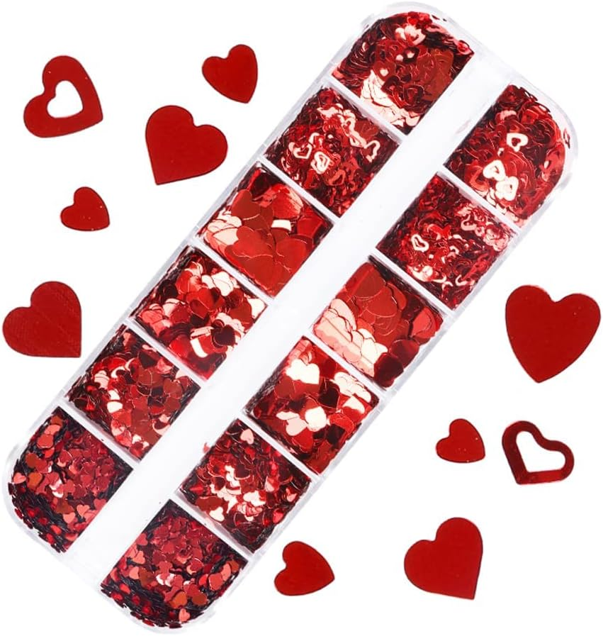 Red Heart Nail Art Glitter Sequins for Valentine'S Day Nail Art Stickers Decals Holographic Love Heart Nail Charms Flakes for Acrylic Nail Supplies Manicure Tips Accessories image number 4