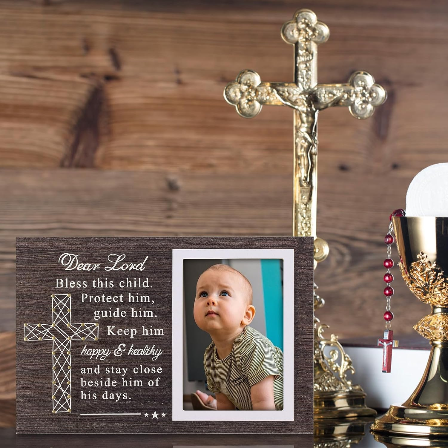 Yakucho Baptism Picture Frame for Boys and Girl - Blessing Card in Frame, Baby Boy Baptism Gift, 4X6 Inch Double Frame for Christening, Nursery Decor Keepsake (Baptism Gifts for Boys)