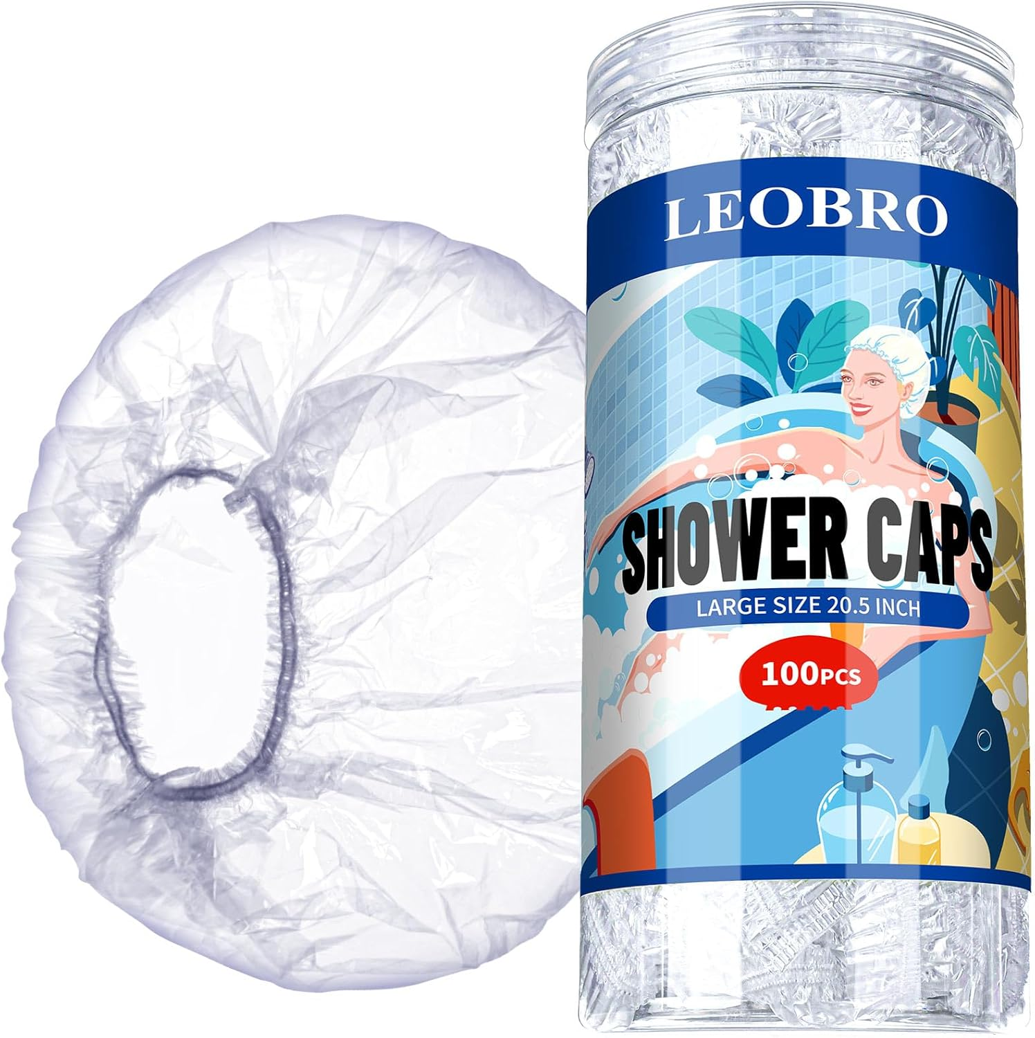 LEOBRO Extra Large Disposable Shower Cap, 100PCS, Clear Thick Plastic Hair Caps for Women, Hair Treatment, 20.5 INCH image number 1