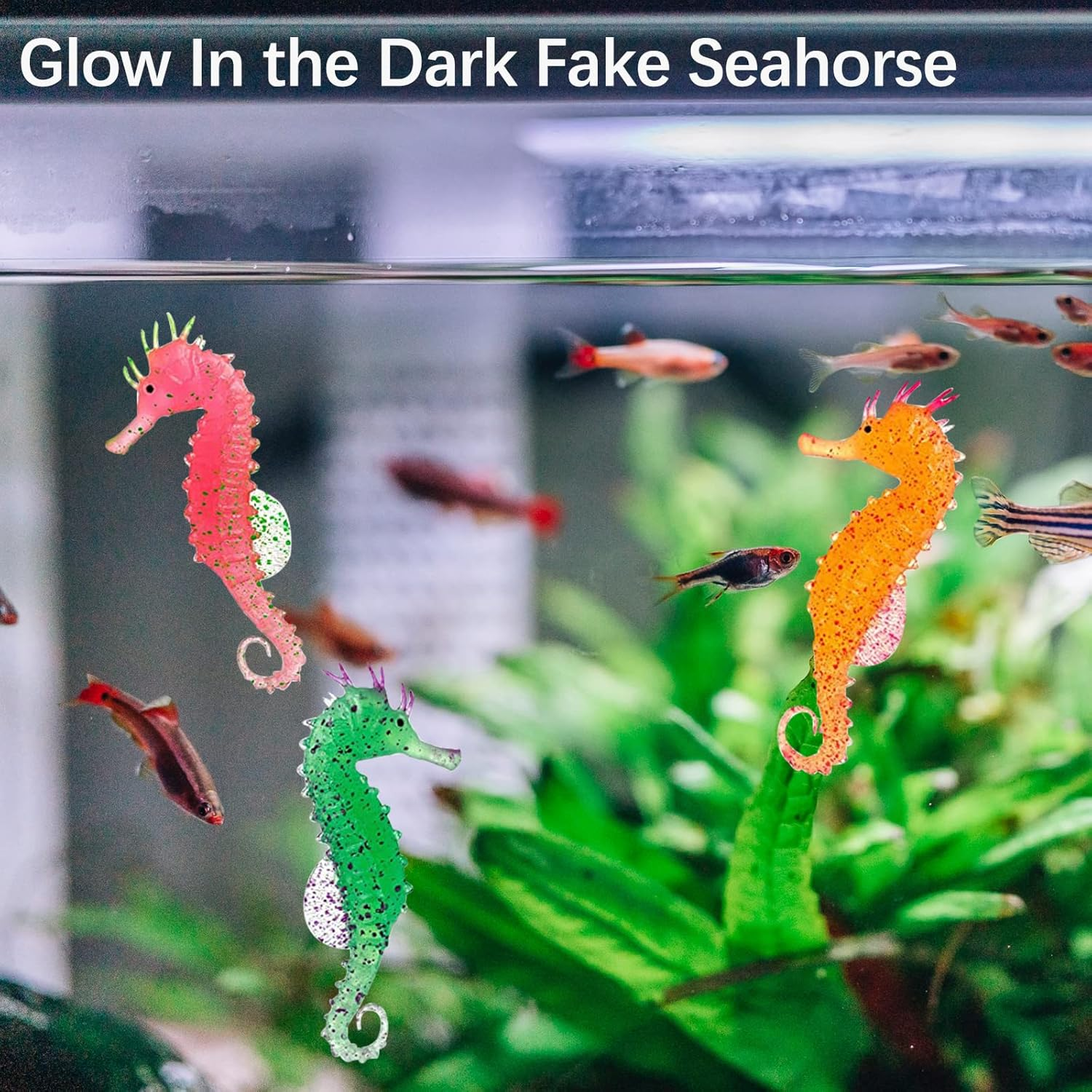 3PCS Artificial Sea Horse Aquarium Decoration Set, Vivid Silicone Floating Decor Ornaments with Glowing Effect,Simulation Animal Underwater Saltwater Fake Colorful Sea Horse for Fish Tank Bowl