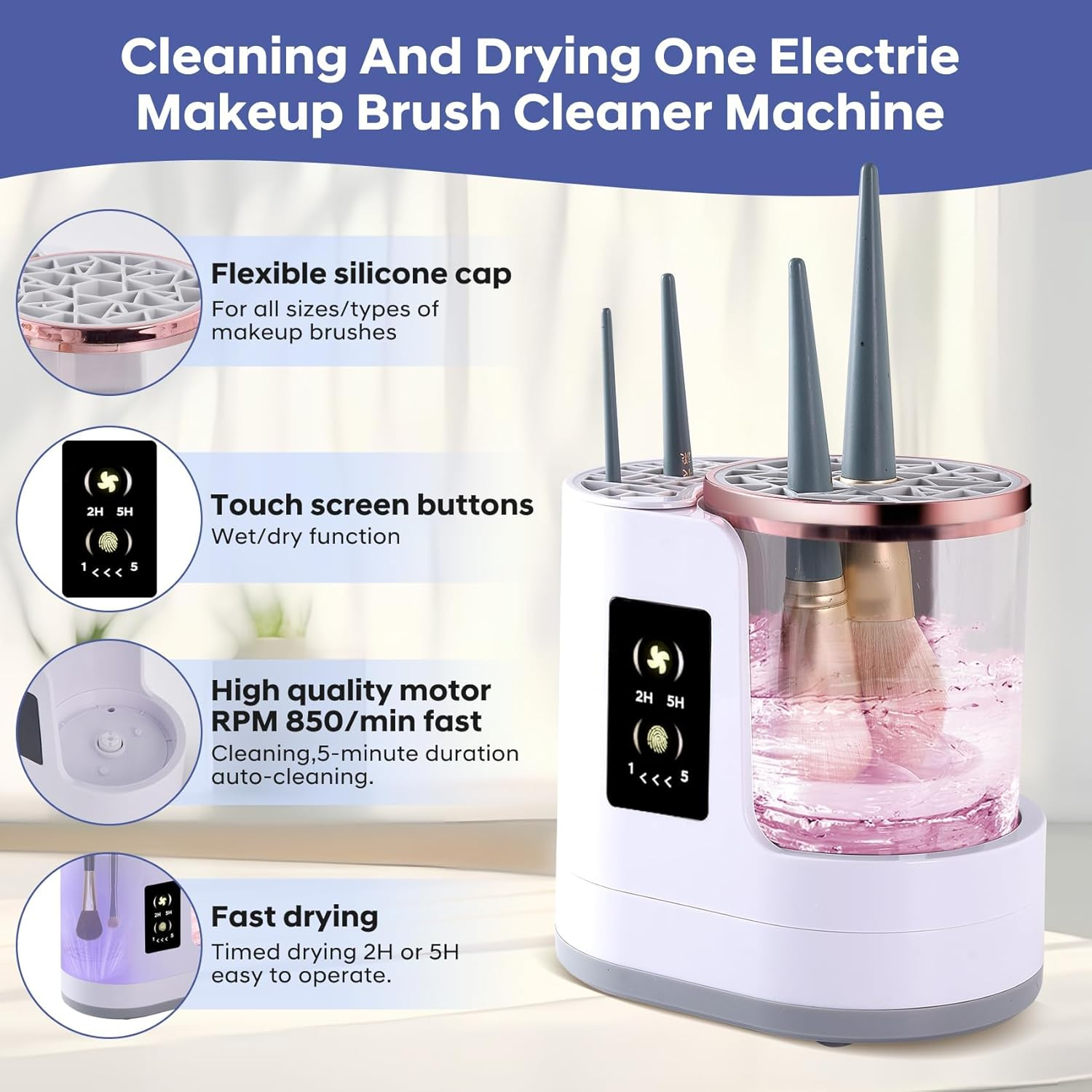 Electric Makeup Brush Cleaner Machine, 3 in 1 Automatic Make up Brush Cleaner with Makeup Brush Dryer,Portable USB Deep Quick Cleaning Tools for All Size Makeup Brush Set,Blush Brush,Sponges image number 3