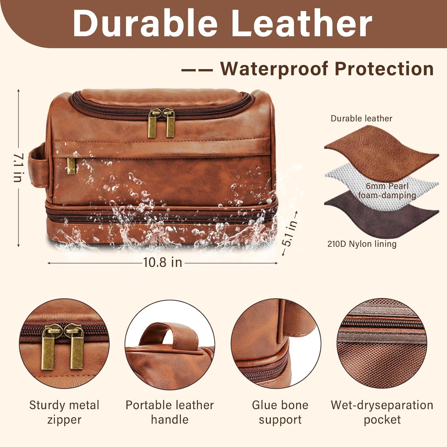 Toiletry Bag for Men, Large Leather Travel Essentials Shaving Kit, Water Resistant Bathroom Toiletries Organizer Cosmetic Bags, Gifts for Men, Him, Father, Dad, Husband, Son, Boyfriend, Grandpa image number 5