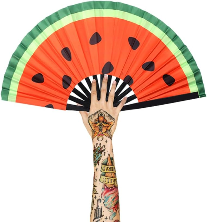 Plzoslly 2 PCS Large Folding Fan Bamboo Folding Hand Fan, Rave Fan Clack Folding Hand Fan Chinese/Japanese Nylon-Cloth Folding Fan for Festival, Dance, Performance, Party, Gift, Decoration(Watermelon) image number 3