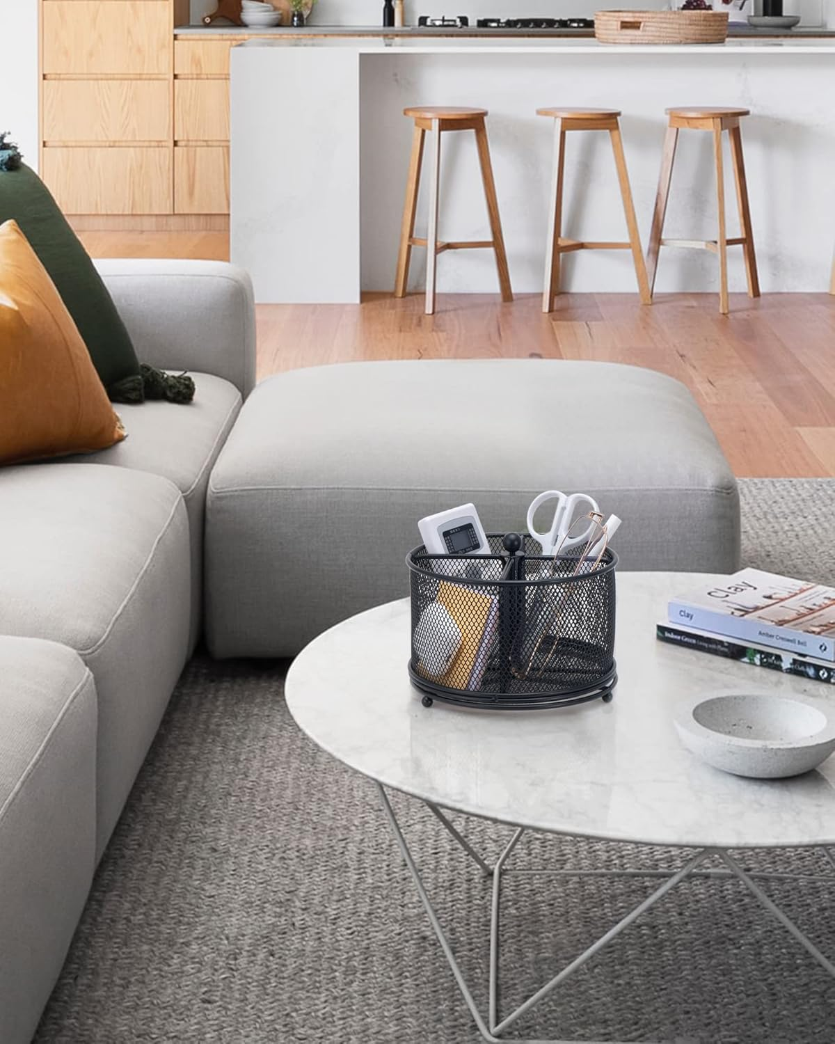 Varhomax Desk Organizer Black, 360&deg; Rotating Pencil Holder & Makeup Brush Pen Holder for Home Office Supplies - 4 Compartments Mesh Organizer with Large Storage Capacity image number 3