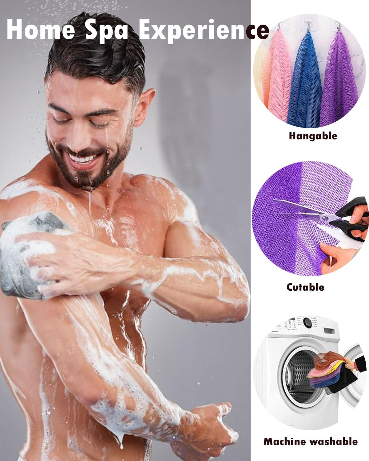 African Exfoliating Net Sponge, 33 Inch Long Bathing Sponge Shower Body Scrubber Net for Back Skin Smoother, Daily Use (Black/Blue/Brown/Yellow/Pink/Purple) - Black/Blue/Brown/Beige image number 6