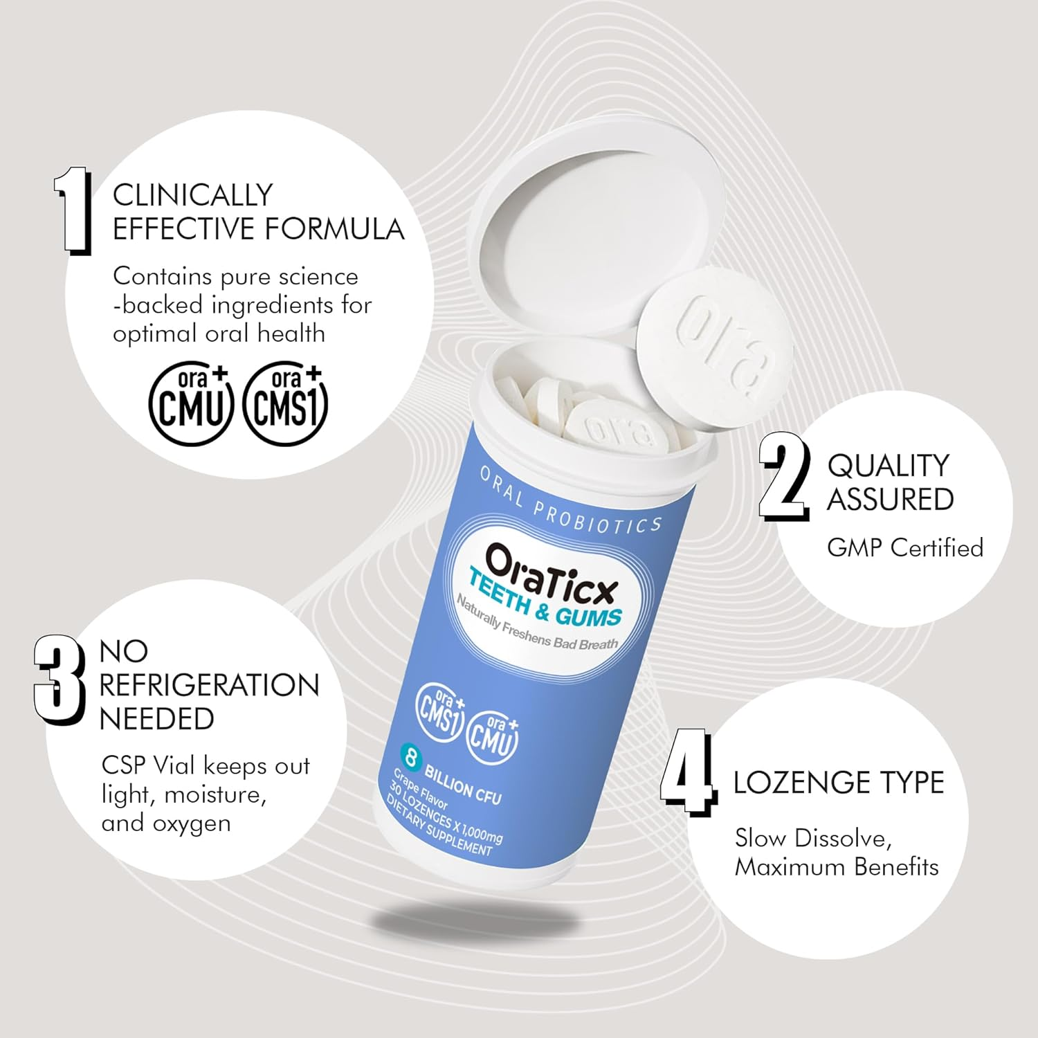 Oraticx Teeth & Gums Dental Probiotic, 8 Billion CFU Unique Oral Care Probiotic, Naturally Supports Oral Health and Immunity for Adult, Grape Flavor 30 Lozenges 1-PK image number 2