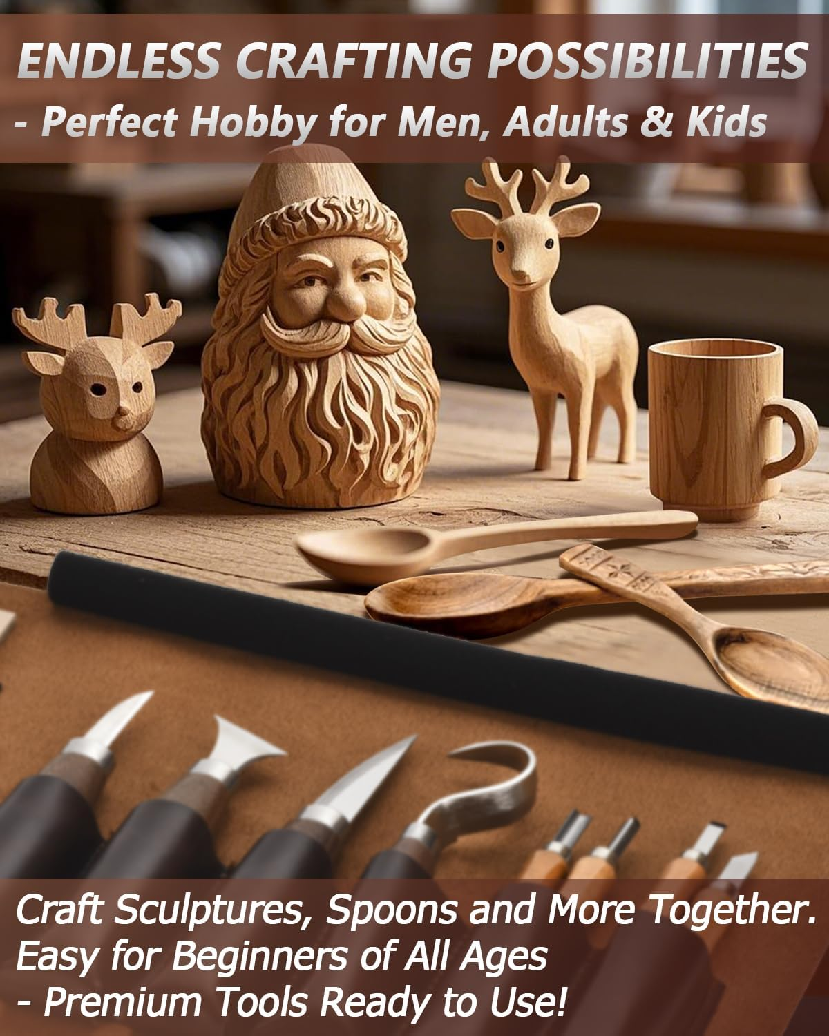 Wood Carving Kit Whittling Kit: Deluxe Wood Carving Tools Set with Leather Case - Wood Carving Knife with Basswood Blocks Woodworking Widdle Gift for Beginners Adults Kids Hobby image number 3