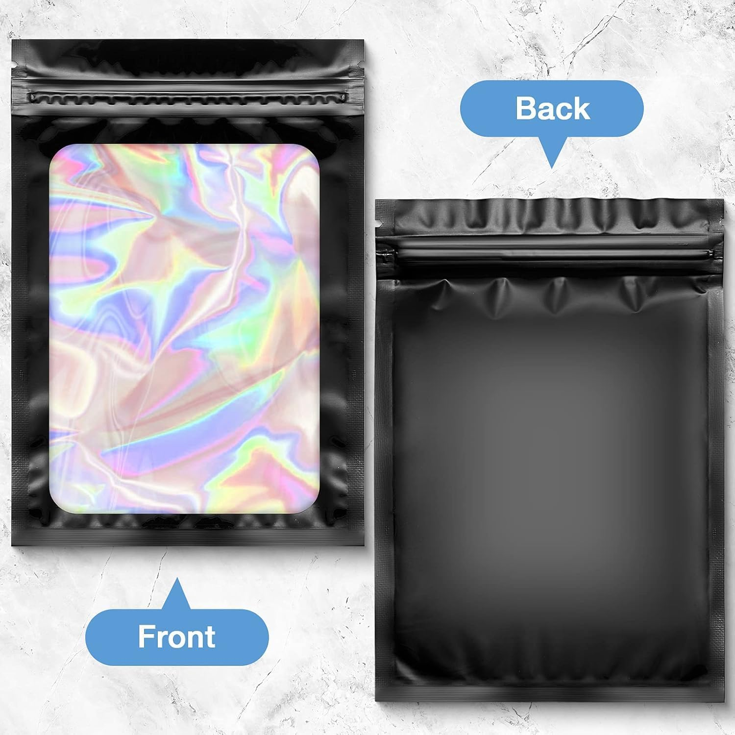 100PCS Black Holographic Mylar Resealable Packaging Bags for Small Business, Smell Proof with Front Clear Window, Foil Pouch for Food, Candy, Jewelry, Goodie (7X10Cm)