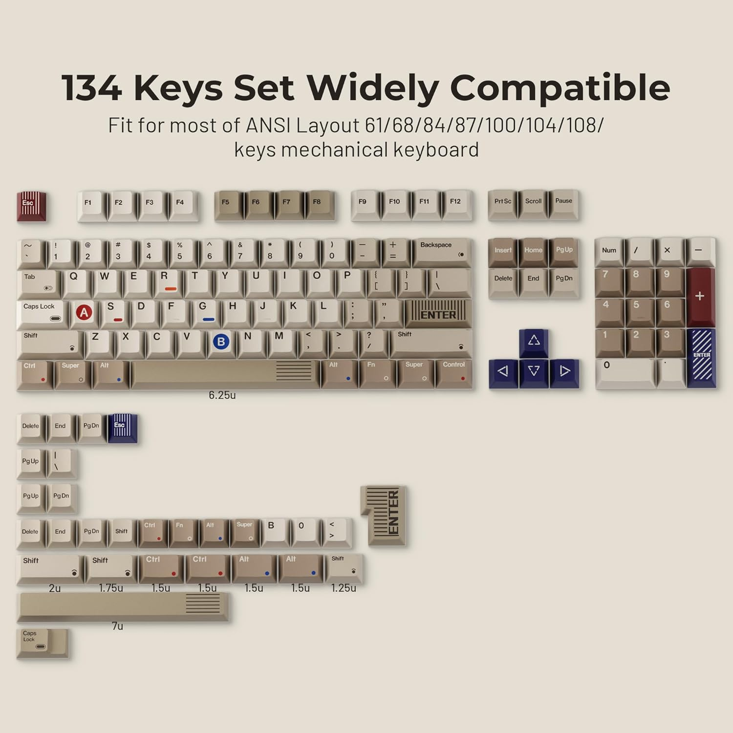 OHY PBT Keycaps, XVX Retro Keycaps 75 Percent, Dye-Sublimation, Cherry Profile Most 65% 75% 100% Cherry MX Switches Mechanical Keyboard, Retro Grey image number 4