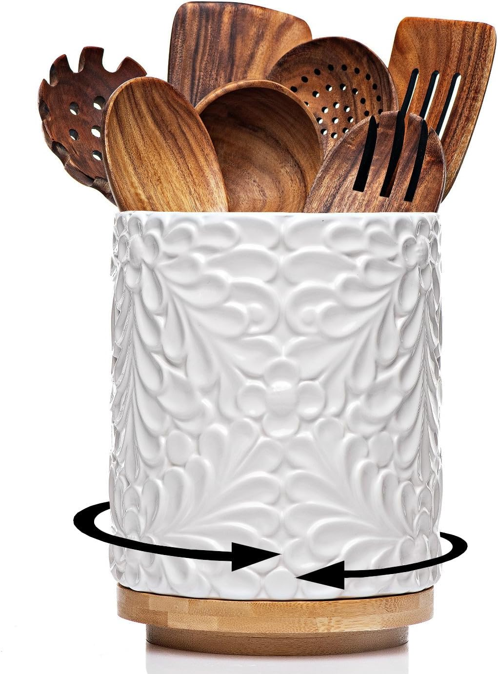 Extra Large 360&deg; Rotating Utensil Holder for Kitchen Counter, 8.3&rdquo; Cooking Utensil Holder for Countertop with Bamboo Base, White Ceramic Utensil Crock Canister for Cooking Utensils - Engraved Design image number 6
