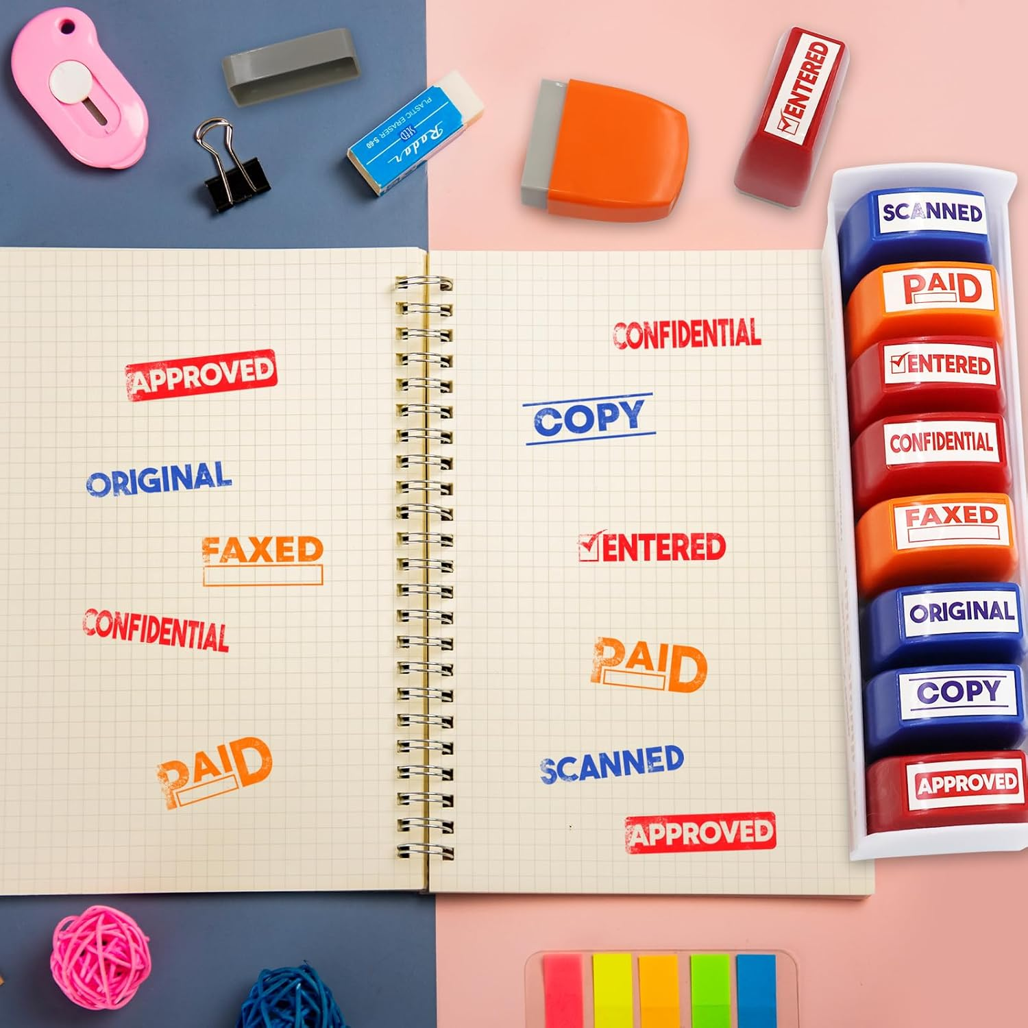 Office Stamp Set Scanned Approved Paid Completed Stamps Self Inking Business Message with Storage Tray for Coworkers Colleague Work Supplies 8Pcs image number 4