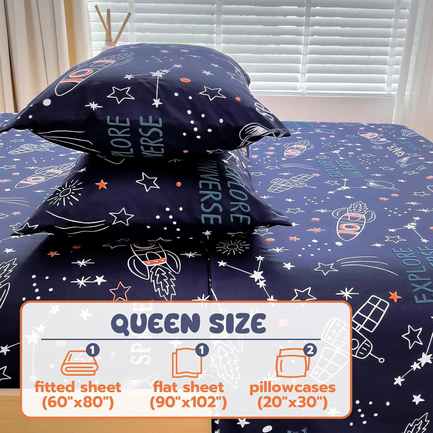 Homilay Kids Queen Sheet Sets - 4 Piece Space Rocket Bedding for Boys, Girls & Teens - Soft, Breathable Microfiber, Deep Pockets, Wrinkle-Free, Cozy Toddler Bed Sheets image number 6