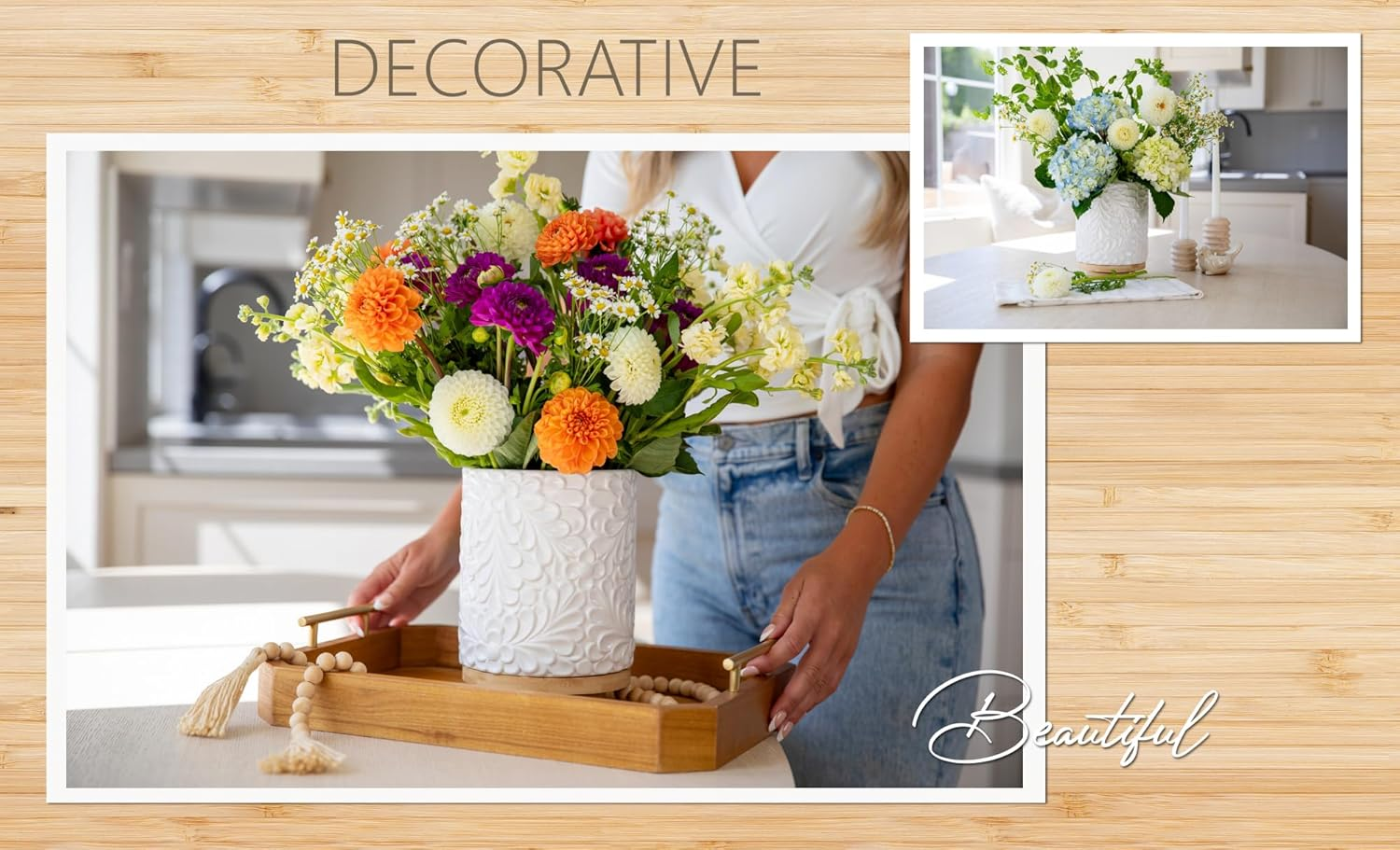 Extra Large 360&deg; Rotating Utensil Holder for Kitchen Counter, 8.3&rdquo; Cooking Utensil Holder for Countertop with Bamboo Base, White Ceramic Utensil Crock Canister for Cooking Utensils - Engraved Design image number 1