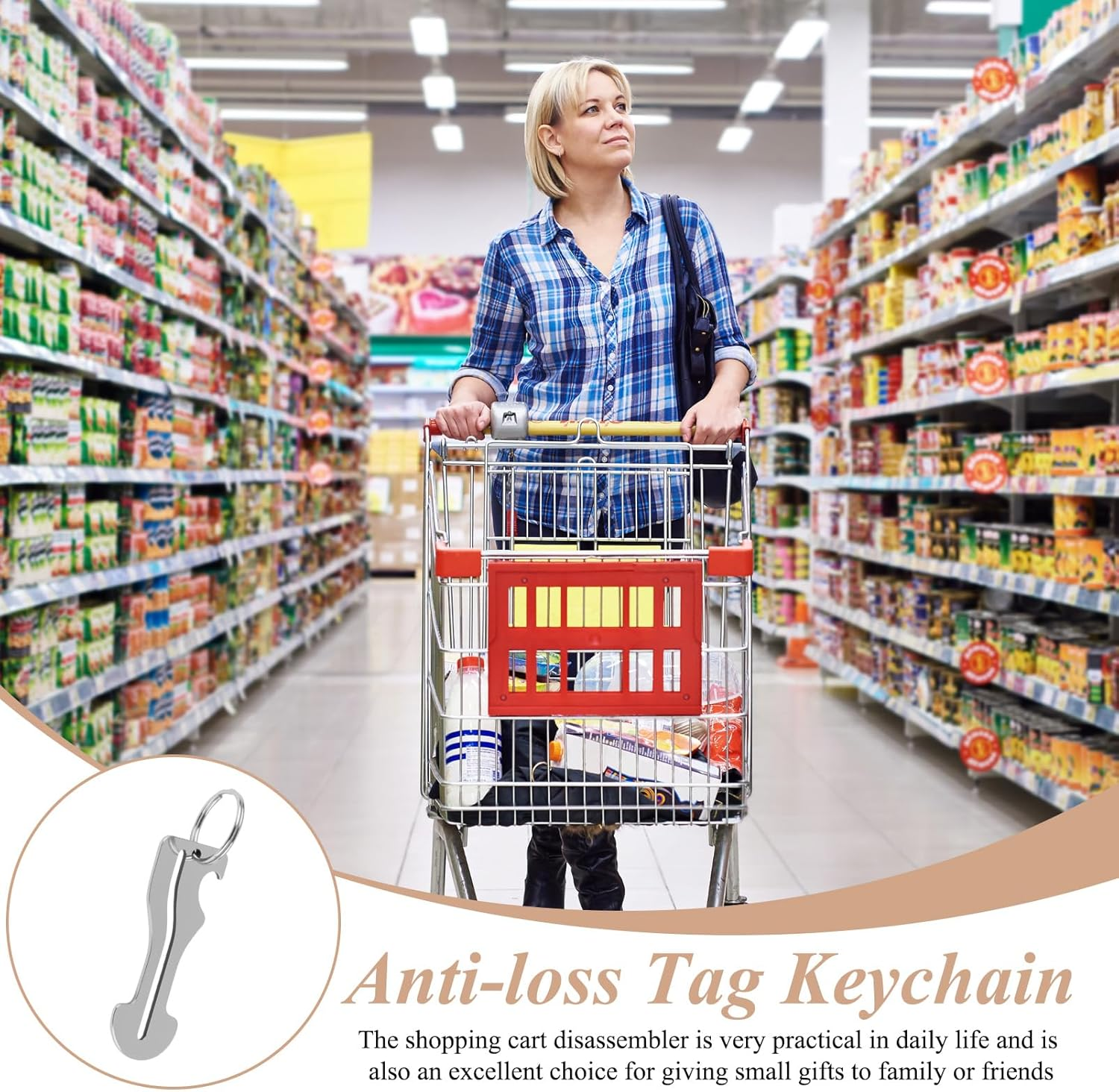 6 Pcs Shopping Trolley Key, Adaptable Versatile Keychain as Bottle Opener, Universal Fit Supermarkets Shopping Cart with Modern Metal Anti-Lost Design and 3 Shapes (Titanium Steel & Silver)