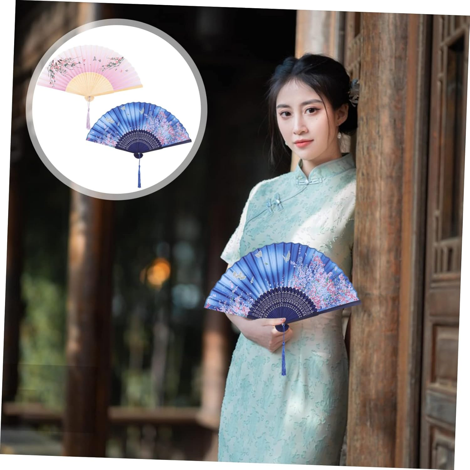 CIMAXIC 2Pcs Bamboo Silk Hand Held Fans Portable Folding Fan for Women Men Decor Stage Performance image number 2