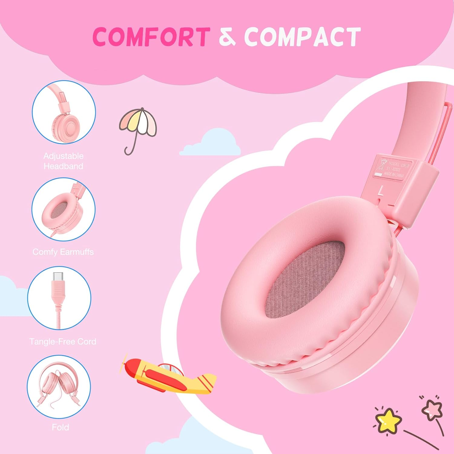 Cowyawn USB Type C Kids Headphones for School, Wired Toddler Headphones, 94Db Volume Limited, HD Stereo Sound, Foldable Lightweight On-Ear Wired Headphones for Kids/Children/Teens/Boys/Girls image number 5