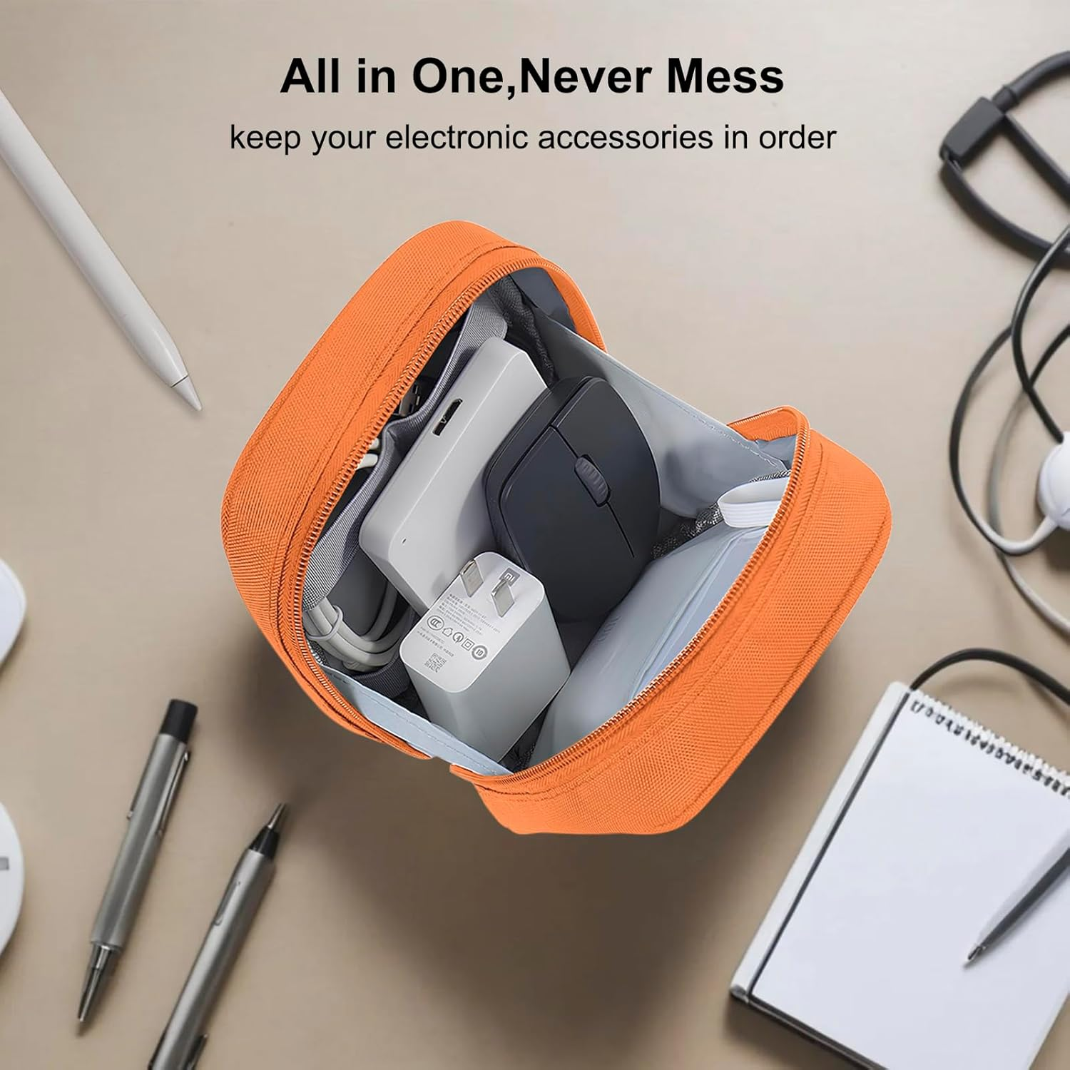 JINSI Electronics Accessories Organiser Bag,Travel Gadget Bag,Holiday Essentials,Small Cable Organiser Bag Pouch,Tech Pouch,Carry Storage Case Bag for Portable Charger,Cables,Power Bank, Orange, Bag