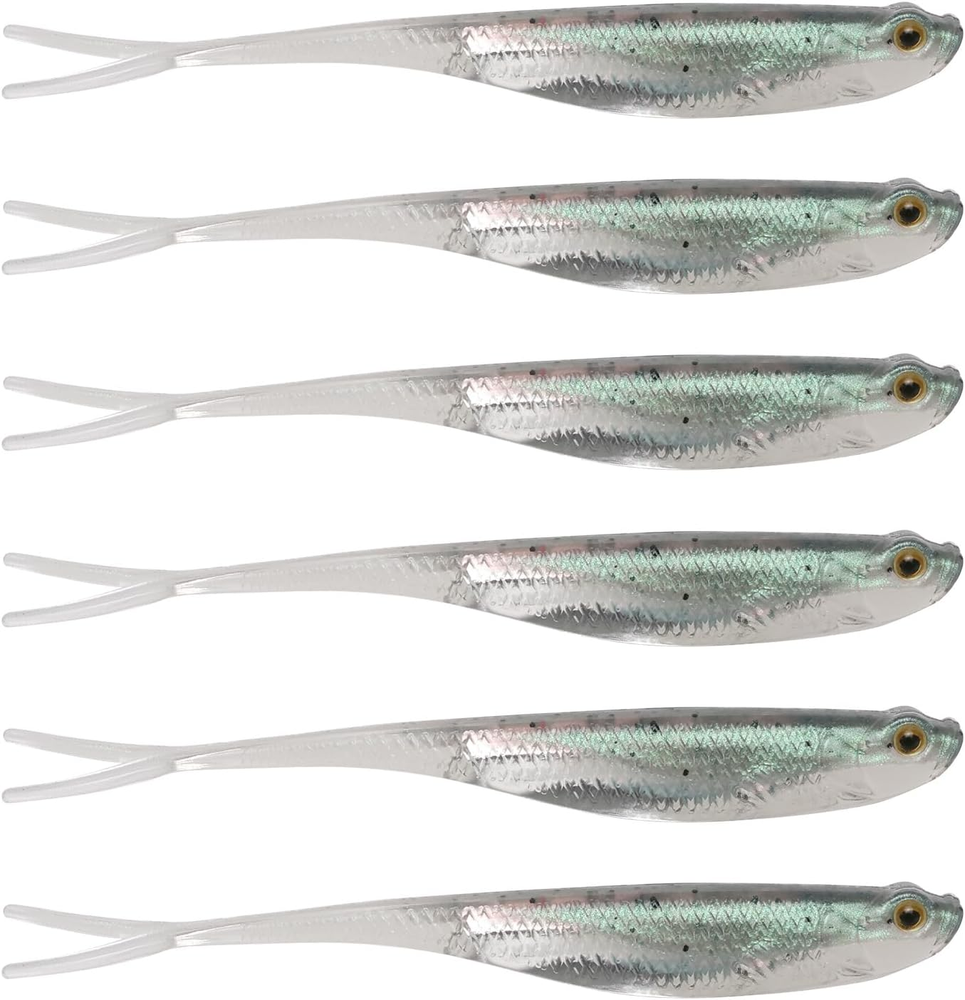 6Pcs 7.5Cm Shadow Silicone Soft Fishing Bait Fork Tail Reflective Fishing Bait for Saltwater and Freshwater Sea Bass and Mandarin Fish Green Silver image number 3