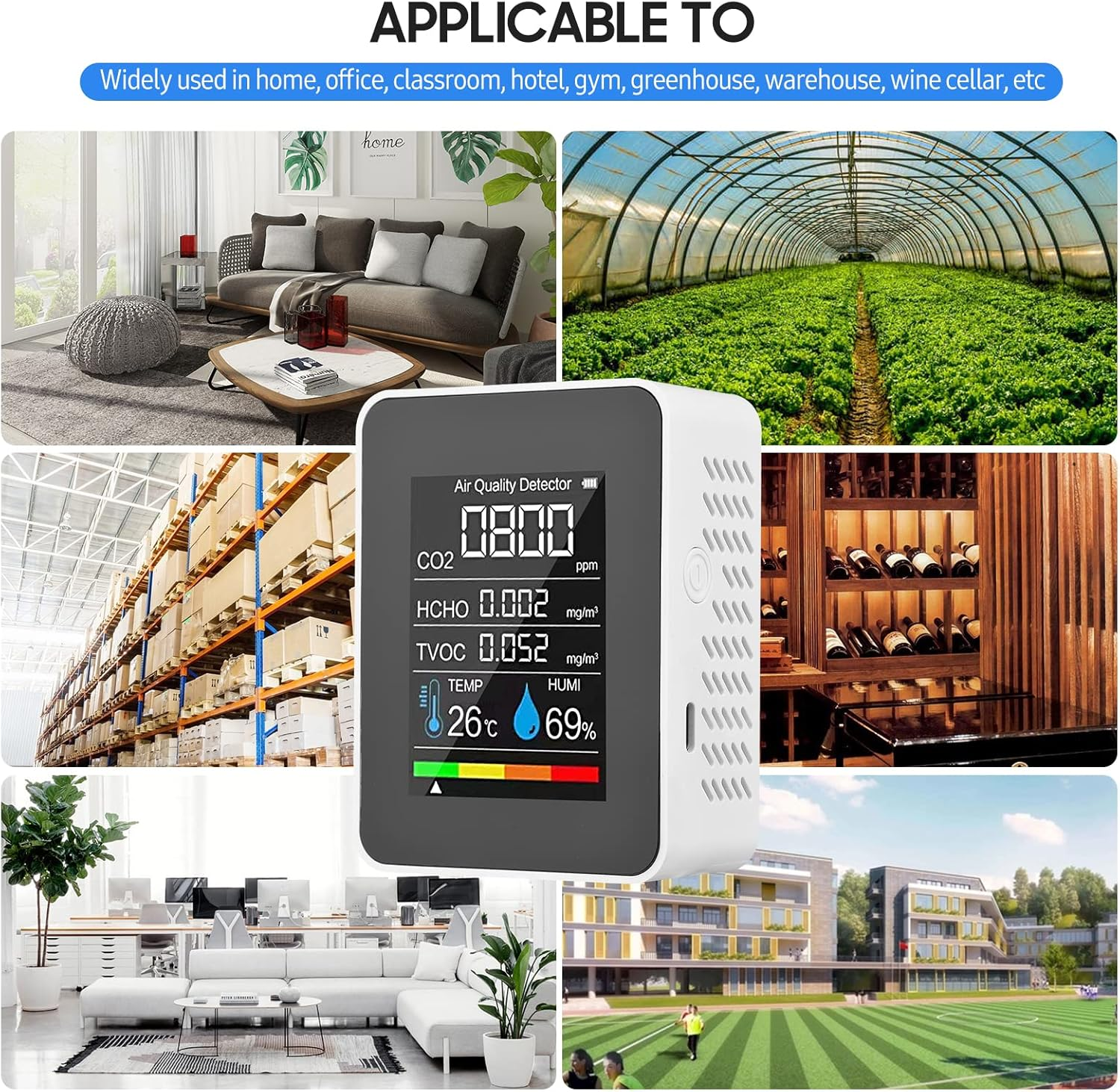 Portable Air Quality Monitor Indoor CO2 Detector 5 in 1 Formaldehyde HCHO TVOC Tester LCD Temperature Humidity Tester Rechargeable CO2 Alarm Meter for Room Office Greenhouse Warehouse