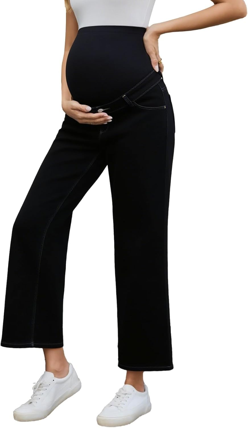Ecavus Women'S Maternity Jeans over Belly Wide-Leg Comfy Stretch Denim Pants with Pockets, XS-XXL image number 2