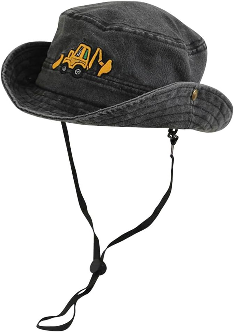 Excavator Embroidered Kids Sun Hat for Boys Girls UPF 50+ Cotton Washed Bucket Cap Wide Brim Toddler Fishing Hat Summer Beach Hat Safari Hat