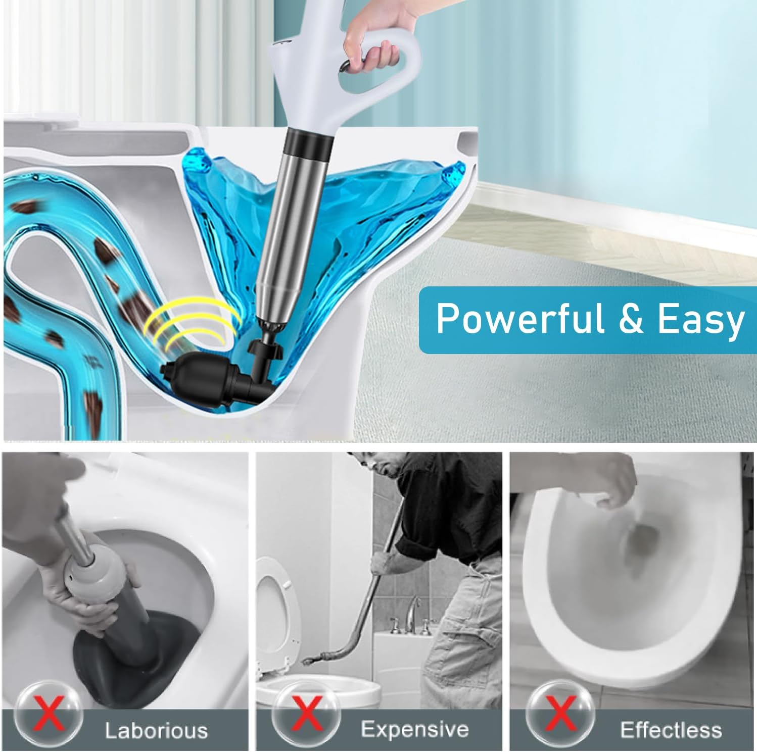 Uandhome Toilet Plunge Blaster,High Pressure Toilet Plunger,High-Pressure Air Drain Blaster Plunge Blaster Multi-Drain Unclogger for Toilets, Bathroom Floor Drains, Sinks and Plumbing Clogs image number 6