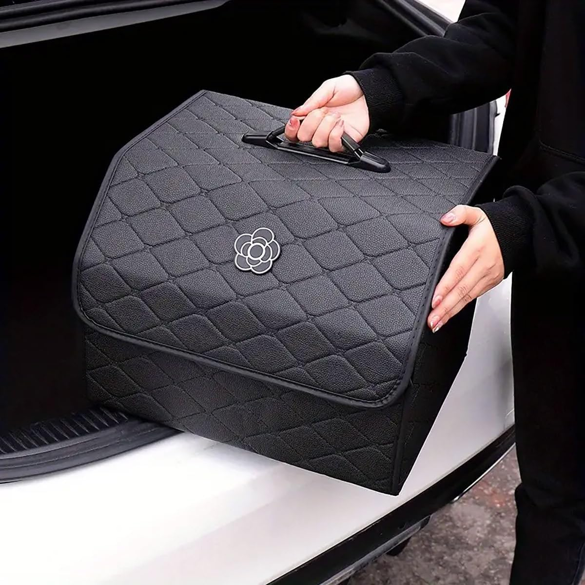AIMALL Quilted Car Trunk Organizer, Multifunctional Storage Box for Women, Stylish Black image number 5