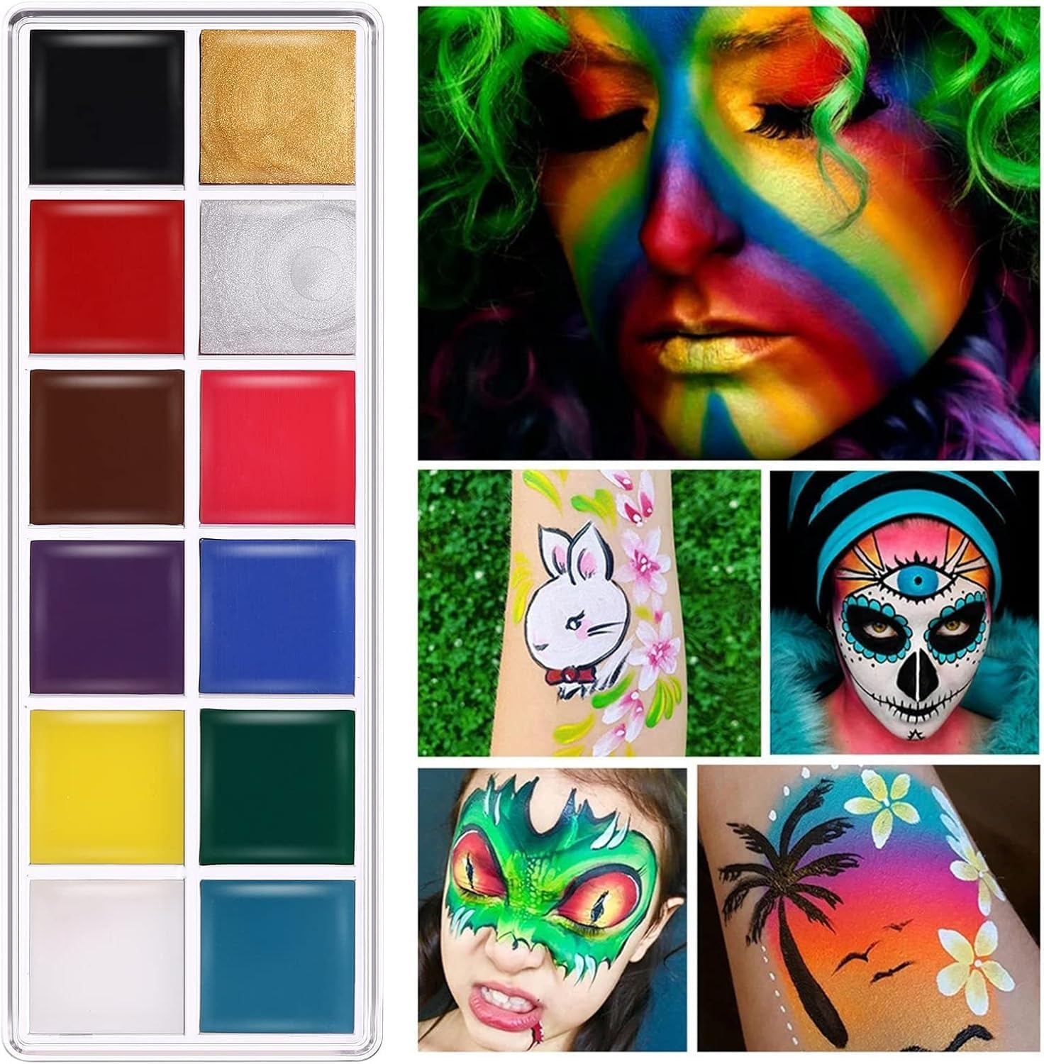 12 Color Face Painting Kit, Professional Body Paint Palette Set, Matte Shimmer Washable Make up Palettes with Brush, Professional Face Paint for Festivals Parties Halloween Makeup Cosplay image number 2
