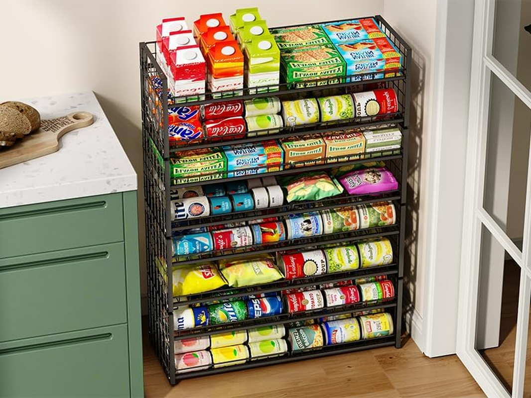 3 Tier Stackable Can Rack Organizer for Pantry Shelf, Adjustable Extra-Long Can Holder for Kitchen Storage, Sturdy Standing Rolling Can Dispenser for Canned Food Goods Drink Soup up to 96, Black