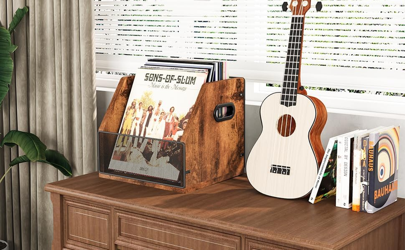 Homeiju 2 Pack Vinyl Record Storage, Album Storage for Vinyl Records, Record Crates for Vinyl, Vinyl Record Album Holder, Vinyl Holder, Metal & Wooden LP Record Crate, Vinyl Record Box Case Crate image number 1