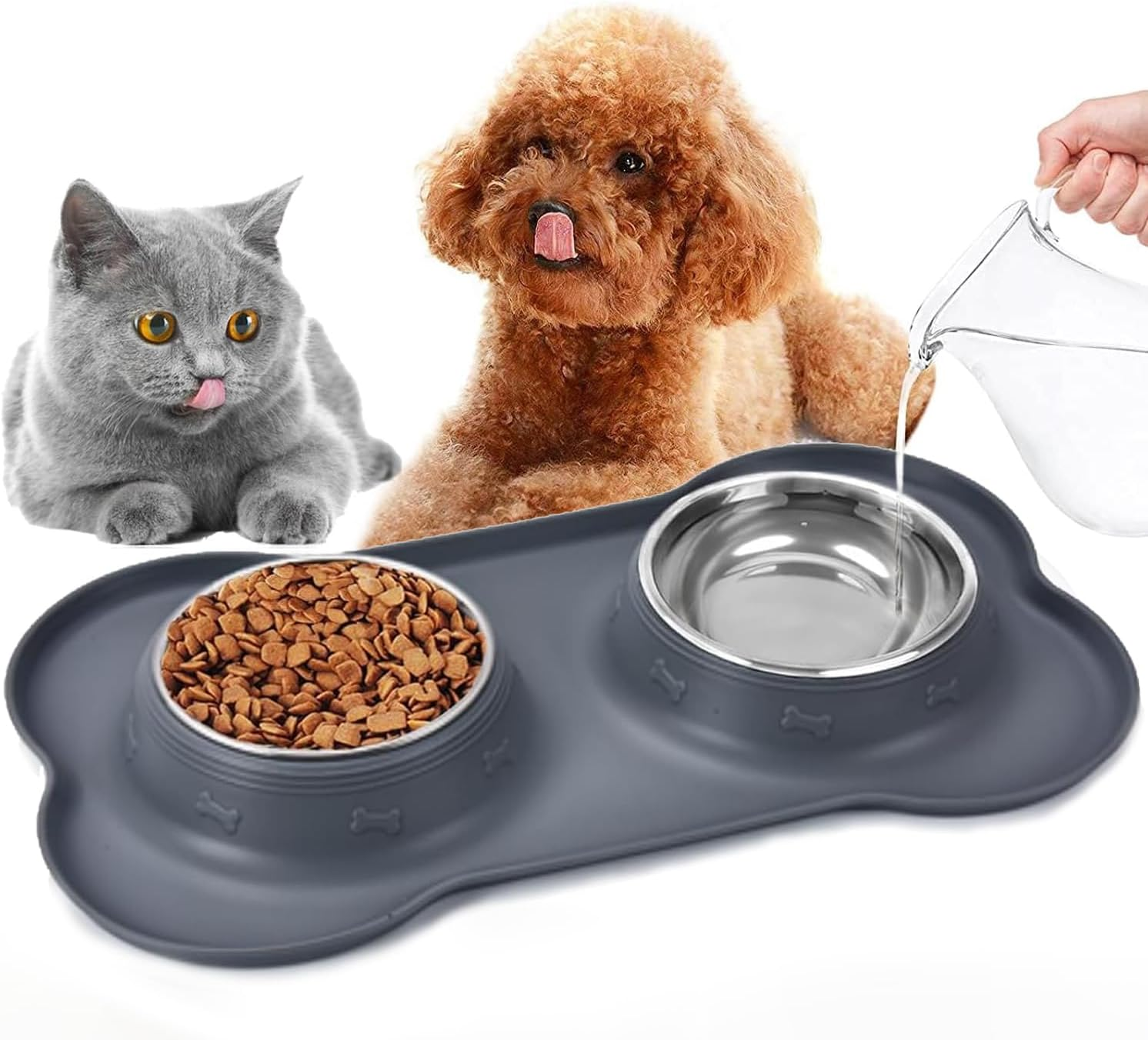 Mumoo Bear Dog Cat Bowls for Food and Water, Upgrade Cat Food Bowls for Indoor Cats, Premium Removable Stainless Steel Double Bowls with Silicone Anti-Slip Pads, Water Bowl for Cats and Dog -Black