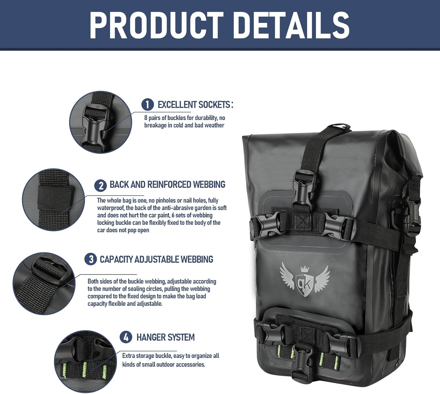 Motorcycle Bumpers Bag IPX7 Waterproof 8L Motorcycle Side Frame Bag with Shoulder Strap Waterproof Motor Crash Bar Bag for Travel image number 6