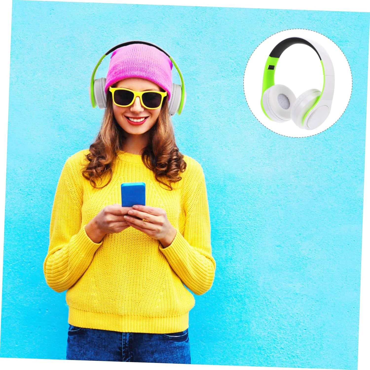 Tofficu Foldable Over-Ear Wireless Headset with Wireless Connectivity and Aux Input, Adjustable Wireless Headphones for Sports and Travel Use, Green and White Design