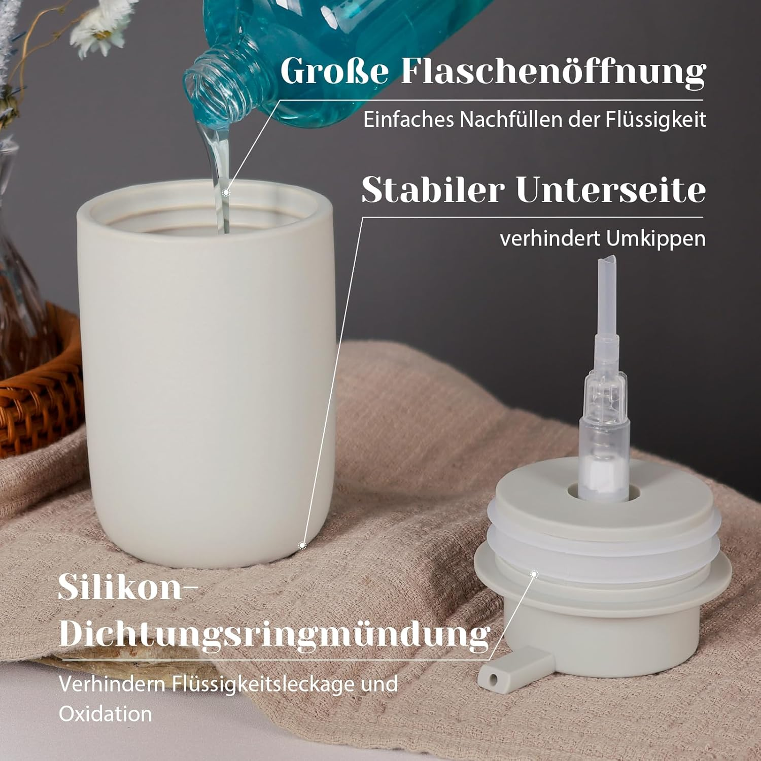 Autumnlife Ceramic Soap Dispenser Set, Grey, Pack of 2 Washing-Up Liquid Dispenser, 350 Ml Soap Dispenser with Large Pump and Label, Refillable Dish Soap Dispenser, Suitable for Kitchen, Bathroom,