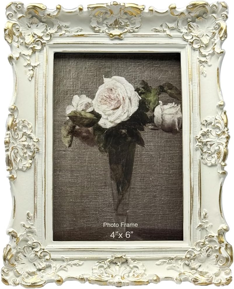CISOO 4X6 Vintage Picture Frame, Antique Ornate White with Gold Photo Frame, for Table Top and Wall Display, Decorative Floral Design Retro Home Decor, Photo Gallery Art image number 4