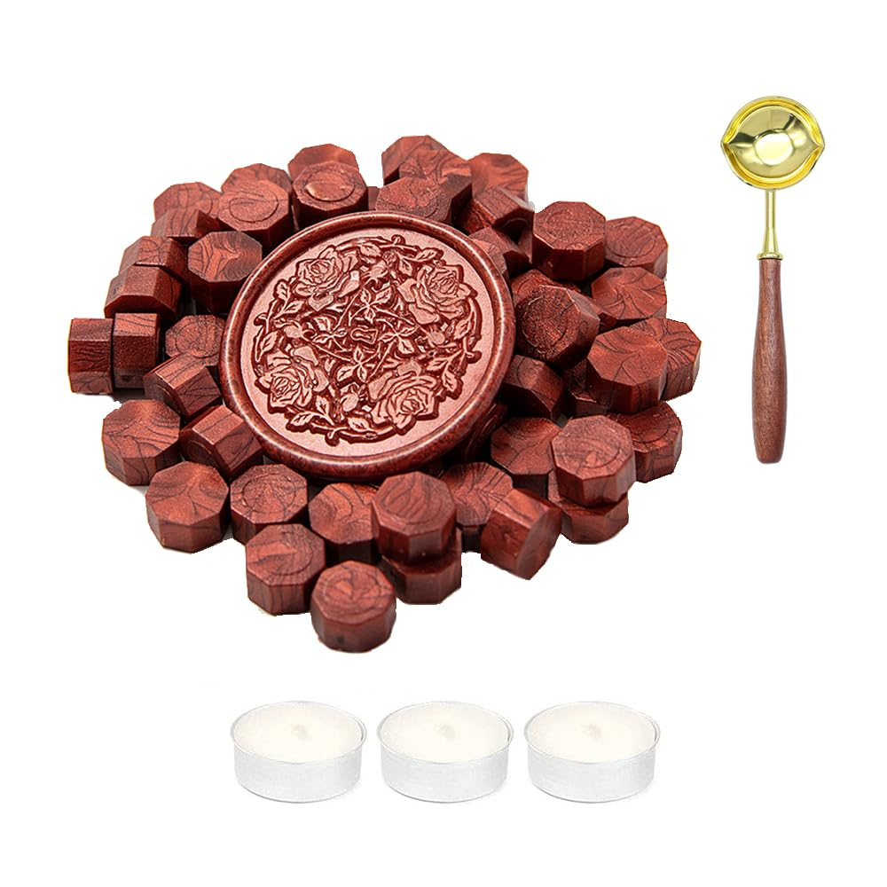400 PCS Sealing Wax Beads for Stamp,Wax Seal Kit with 3 Tea Candles and 1 Melting Spoon,Antique Decor,Octagon Wax Pellets,For Wine Packages,Wedding Invitations,Envelope (Crown Gold)