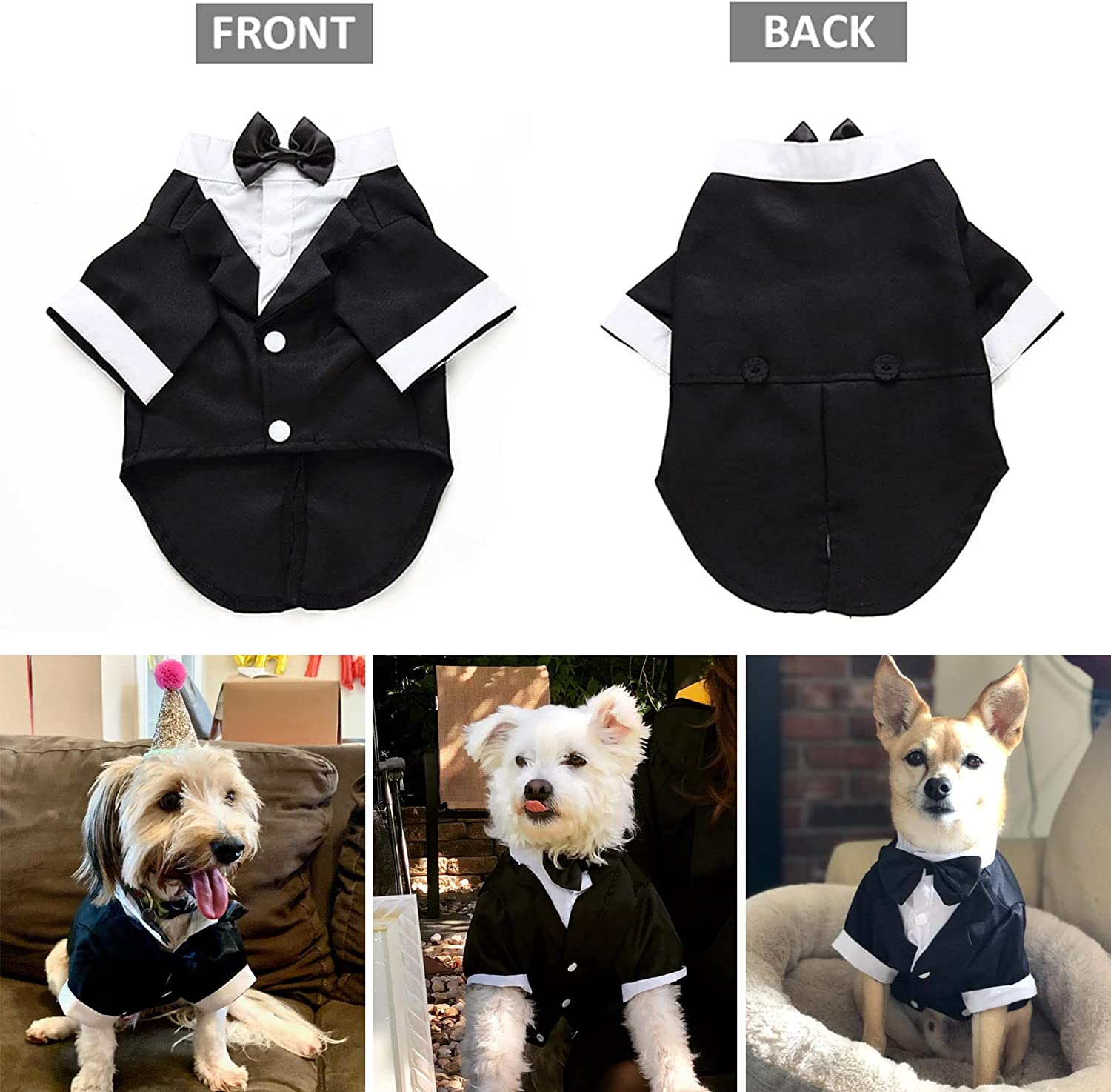 Dog Shirt Puppy Clothes, Pet Wedding Suit Formal Tuxedo with Black Bow Tie, Dog Outfit for Small Medium Dogs Cats, Dog Weding Attire Dress up Cosplay Prince Costume Gentleman Apparel (Large, Black) image number 3
