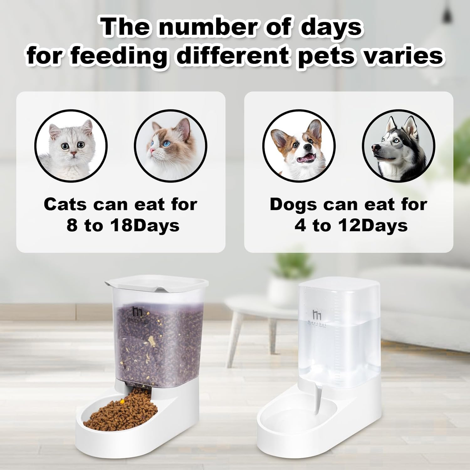 Marchul Pet Feeder and Water Dispenser Set, Automatic Gravity Cat Food Dispenser and Water Bowl, Dog Feeder with Scoop Sponge Brush, Big Capacity 3.8L