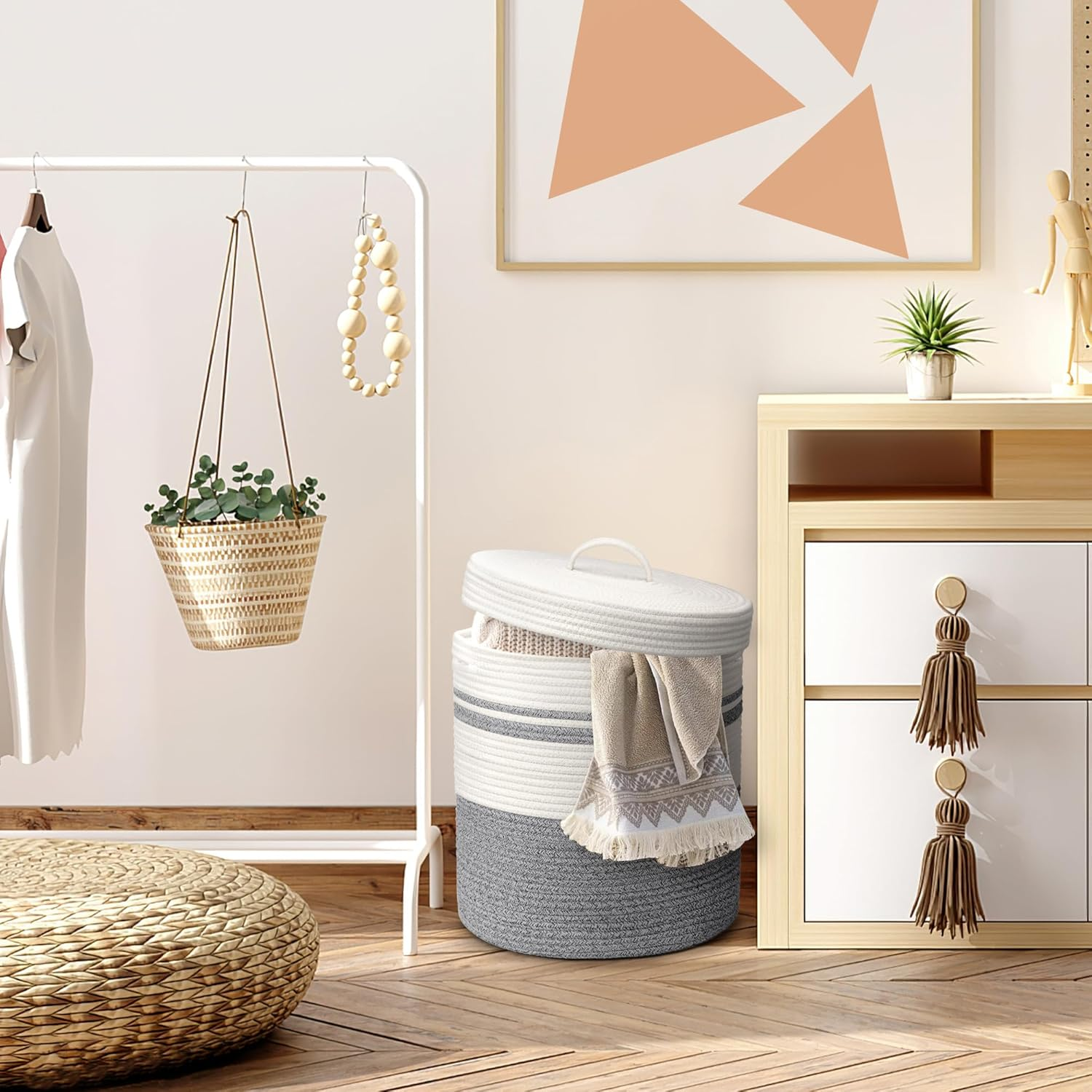 Foldable Laundry Basket Small with Lid, Laundry Hamper - Laundry Baskets, Baskets Braided Cotton Basket - Storage Basket Small Laundry Basket Children'S Room (Grey, 35 X 42 Cm) image number 1