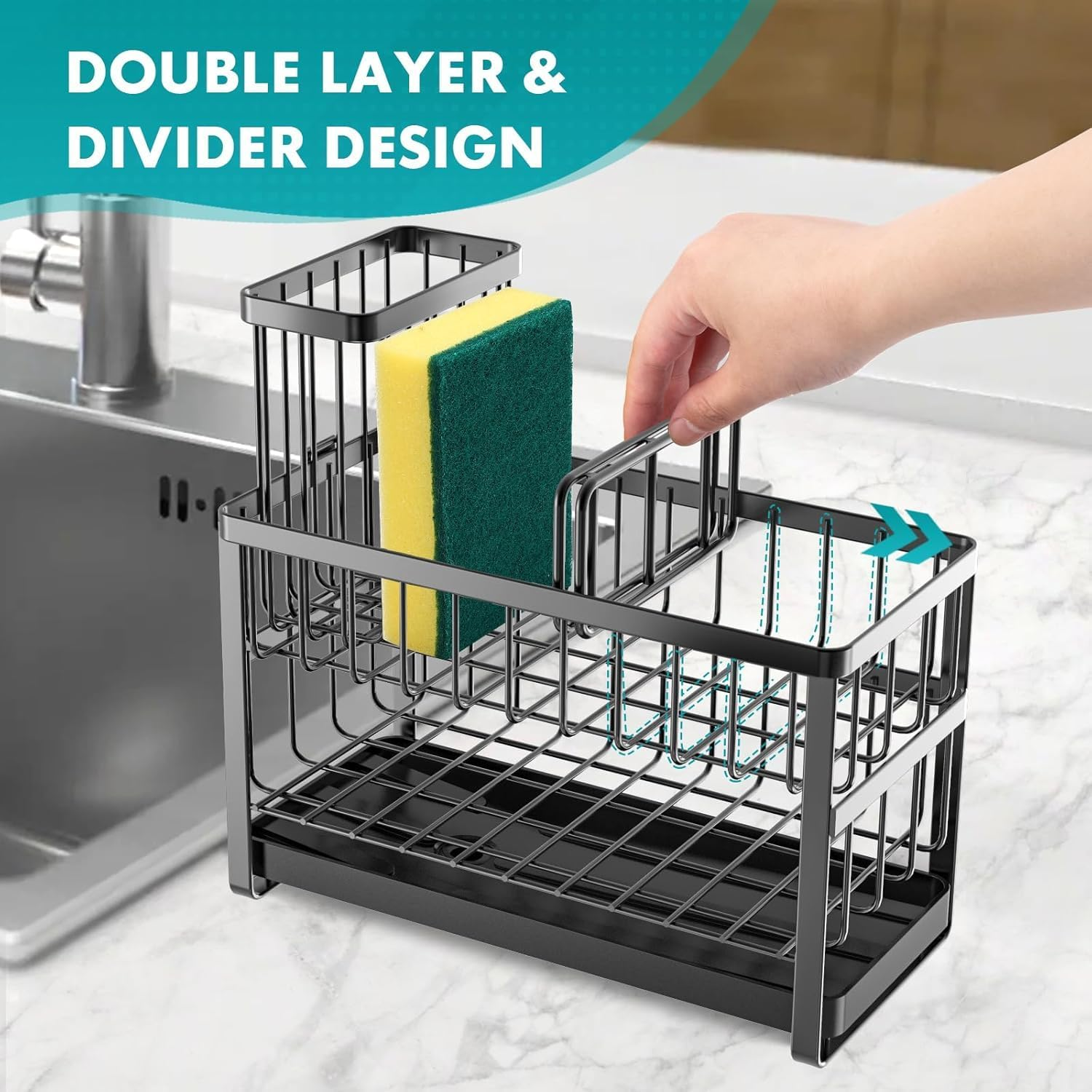 Sponge Holder for Kitchen Sink Organizer,2 Tier Dish Brush Scrubber Holder,Stainless Steel Sink Box Utensil Holder,Soap Dispenser Set Tray Counter Accessories & Storage Rack (Stainless Steel, &lrm;Black) image number 2