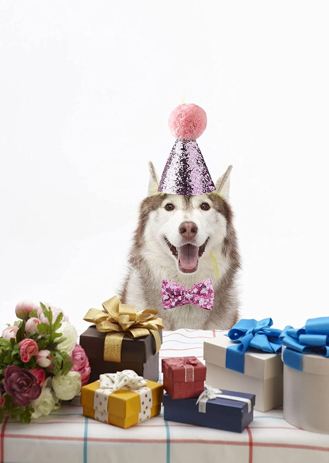 Dog Adjustable Birthday Hat with Bowtie Collar Wool Pompon Cute Pet Costume Paillette Cap Bandana for Dog Cat (Pink) image number 3