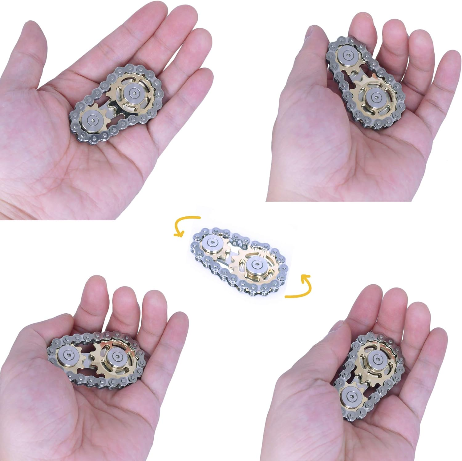 Fidget Spinner, Linkage Bicycle Chain Design 2 Gears Figity Spin Finger Games, Metal Stainless Steel Durable Mechanics with Smooth Bearings, Figit Toy for Adults Kids - Gold - Full Colorful image number 6