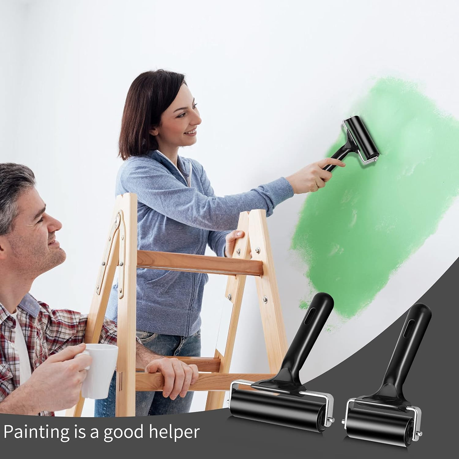 2Pcs Rubber Roller Brayer Rollers Hard Rubber 3.8 and 2.2 Inch for Printmaking (Black) By image number 1