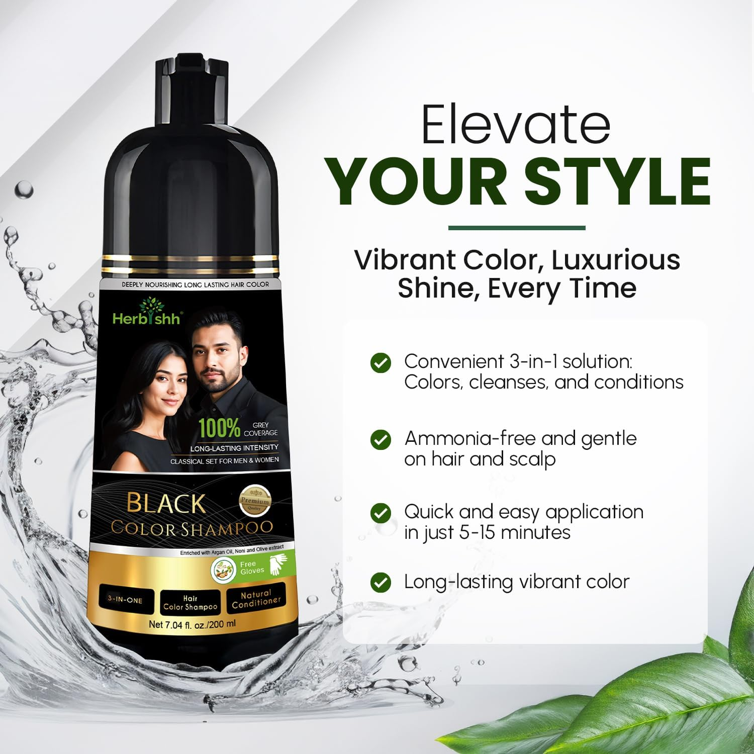 Herbishh Black Shampoo, Hair Dye Shampoo 3 in 1, 100% Grey Coverage, Demi-Permanent Hair Color for Men & Women, Long-Lasting Color in 5-15 Mins, Ammonia-Free, 200 Ml image number 1