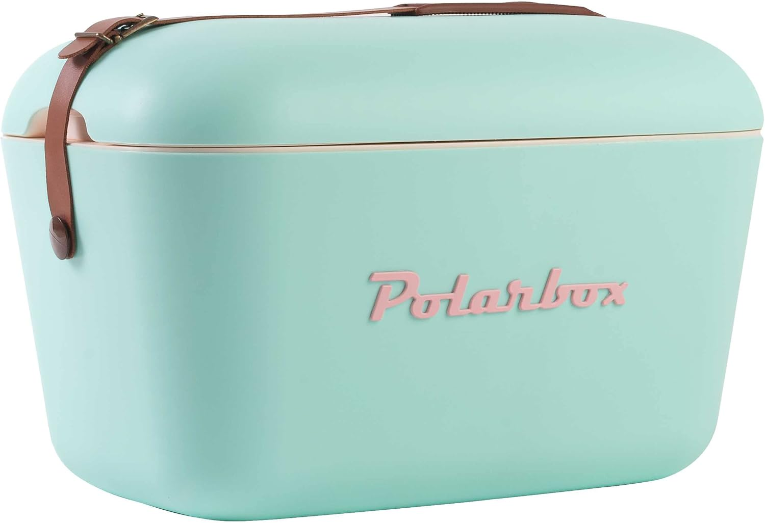 Polarbox Classic Cooler Box with Leather Strap, Cyan & Baby Rose Rigid Thermal Insulated Ice for Beach, Picnic Party Convertible Lid Polypropylene Insulation Cyan/Baby 20L PB-9210