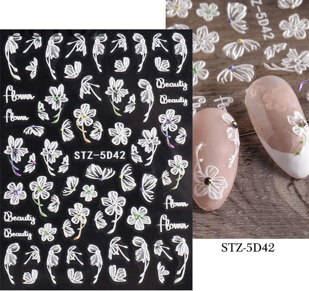 3D Embossed Flowers Nail Art Stickers Decals 4 Sheets 5D Self-Adhesive Pegatinas U&ntilde;as Pink Cherry Blossoms Nail Supplies Nail Art Design Decoration Accessories image number 1