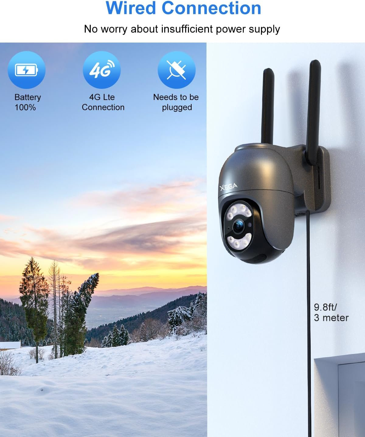 Xega 4G LTE Security Camera Outdoor with SIM Card【Plug in 24/7 Recording】 2K Wired 4G No Wifi Security Camera, IP PTZ CCTV Auto Tracking Human Detection Spotlight Siren Alert TF Cloud Storage IP66 image number 3